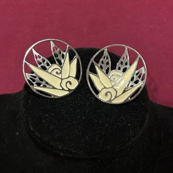 EDGAR BEREBI Cream Enamel Silver Round EARRINGS - Picture 2 of 8